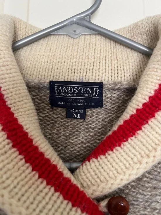 Lands' End Women’s Taupe Shawl Collar Sweater with Cream and Red Trim Size M - Picture 2 of 4